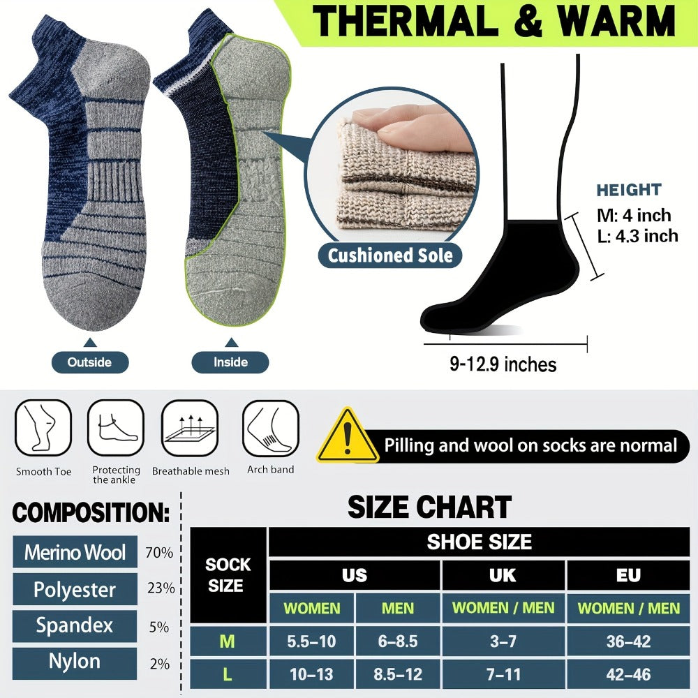 Seis pares de calcetines tobilleros de lana merino, ideales para senderismo y running. Estos calcetines de trabajo ofrecen soporte de compresión, absorben el sudor y son transpirables con un amortiguamiento grueso. Son de corte bajo y están diseñados para