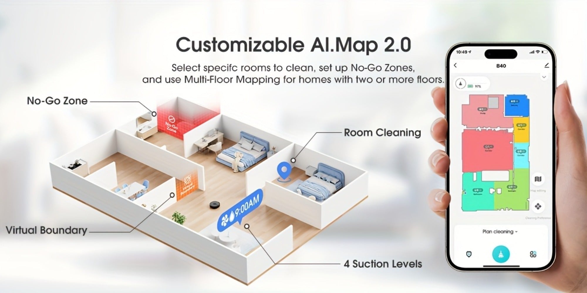 Lubluelu B40 Robot Aspirador, Robot Aspirador y Trapeador 3 en 1, 6500Pa, Bajo Ruido 62Db, Cuerpo Ultra-Delgado de 9.98 cm, Mapeo de 5 Pisos, Limpieza Diversificada, Robot Aspirador para Pelo de Mascotas, Alfombra, Piso Duro, Regalos de Navidad y Hallowee