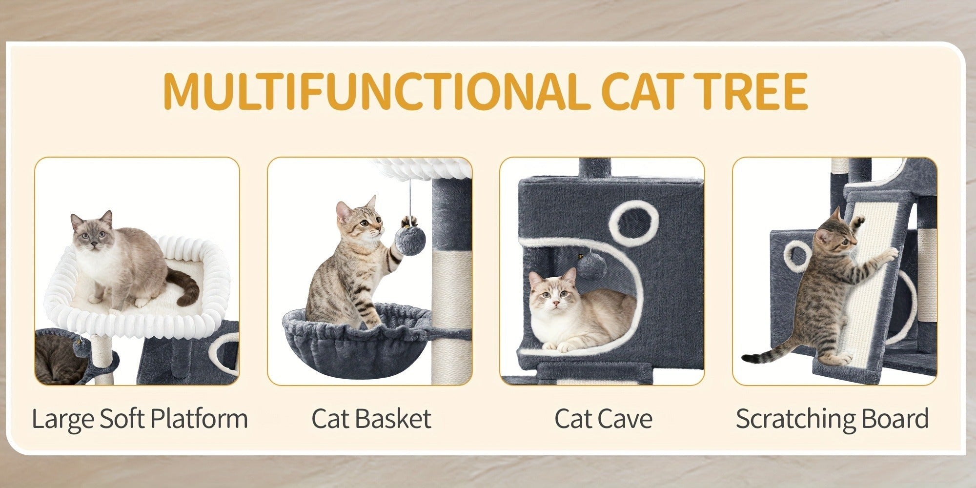 Torre para Gatos Pequeña, 98Cm de Alto, Espaciosa y Robusta, con un Perch Grande Suave, Juguetes de Felpa, Escondites, Postes para Rascar, Alfombrilla para Rascar Gatos, Disponible en Gris Claro/Gris Oscuro/Beige