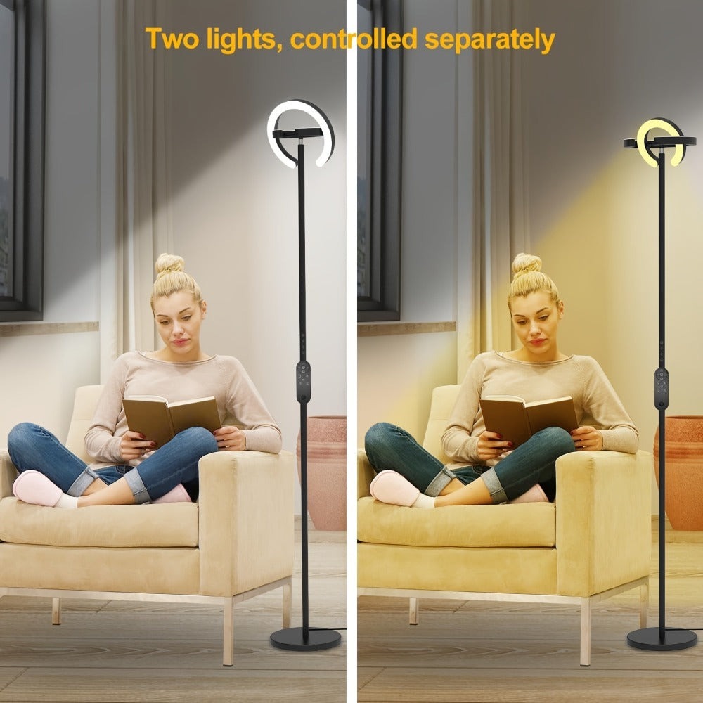 Lámpara de Pie para Sala de Estar, 1.9m de Altura para Dormitorio con 2 Anillos de Luz Giratorios de 312°, 36W Brillante y Regulable sin Escalones
