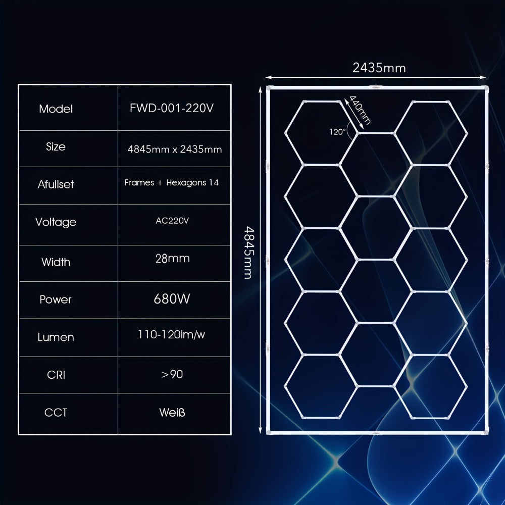 Paquete de 14 luces LED hexagonales con bordes - Luces de garaje, 680W 72420LUMEN luz blanca fría 6500K, iluminación de techo LED hexagonal para garaje, estudio, almacén, taller de detallado de autos