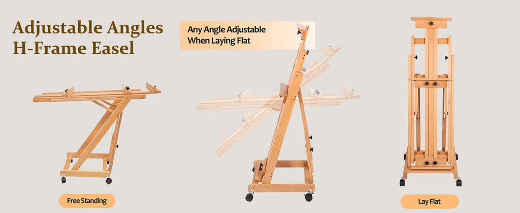Caballete de gran tamaño de alta resistencia con estructura en H para adultos - Soporte de artista plegable con ruedas y altura ajustable con base de madera, sostiene 1 o 2 lienzos de hasta 240 cm, caballete de pintura portátil para estudio, exhibición al