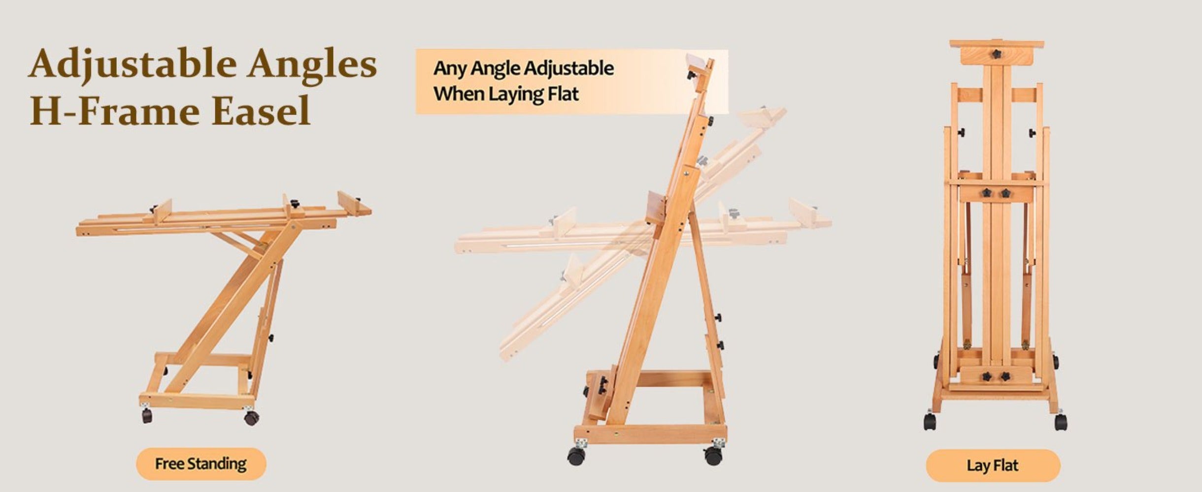 Caballete de gran tamaño de alta resistencia con estructura en H para adultos - Soporte de artista plegable con ruedas y altura ajustable con base de madera, sostiene 1 o 2 lienzos de hasta 240 cm, caballete de pintura portátil para estudio, exhibición al