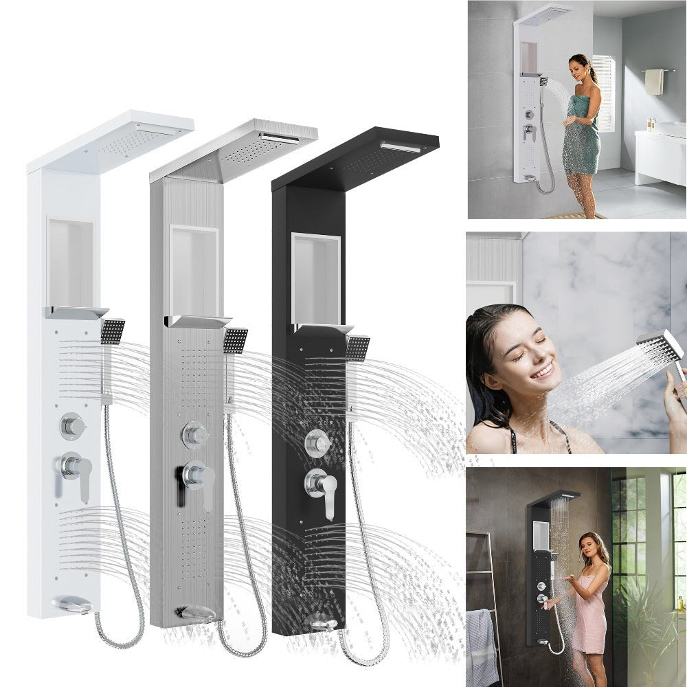 Panel de ducha con accesorios, sistema de ducha 5 en 1 con estante incorporado, juego de ducha multifuncional que incluye ducha de mano, ducha de masaje, ducha de cascada, accesorio de ducha de lluvia, juego de ducha de acero inoxidable 304