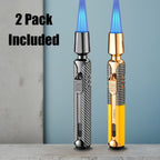 Paquete de 2 sin combustible incluido - Encendedor de chispa de combustible recargable a chorro de triple llama azul a prueba de viento de aleación de zinc, lujoso diseño de tubo largo a cuadros con depósito de combustible visible para velas, barbacoa de