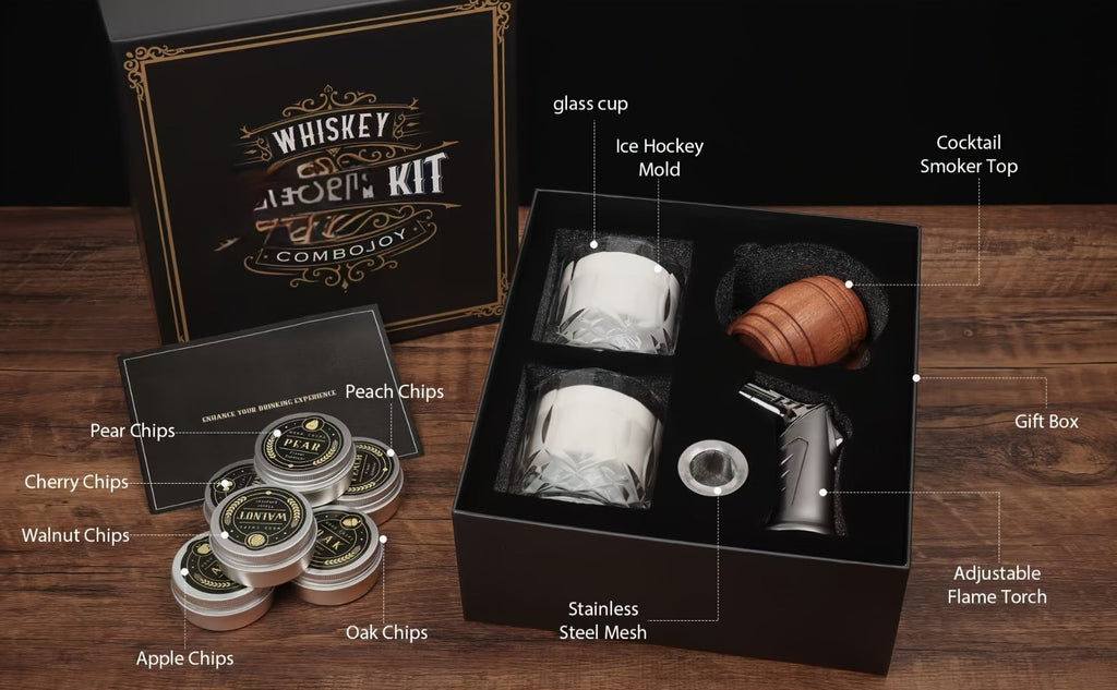 Kit Ahumador de Whisky con Antorcha - 6 Sabores de Leña en Chip, 2 Vasos, 2 Moldes de Hielo - Kit Infusor Ahumador de Cocktail, Kit Ahumador de Bebidas Old Fashioned, Regalos de Cumpleaños de Bourbon Whisky para Hombres, Papá (NO Butano)