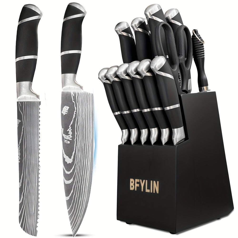 Juego de Cuchillos, 15 Piezas de Acero Inoxidable de Alto Carbono Premium, Juego de Cuchillos de Cocina Afilados con Bloque de Madera, Mango Ergonómico, Cuchillos para Carne, Cuchillo Santoku, Cuchillo de Chef