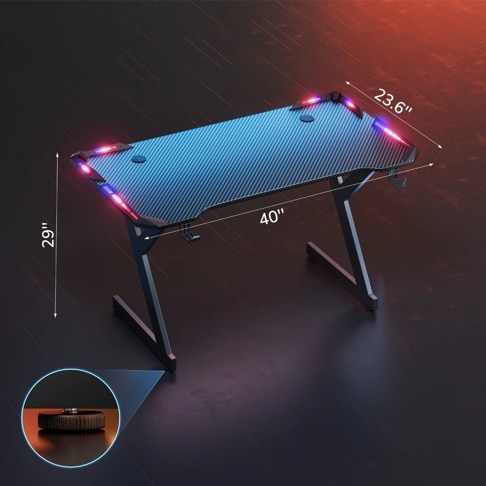 Escritorio de Oficina con Iluminación LED, 100 cm de Tamaño Extra Grande con Revestimiento de Fibra de Carbono, Escritorio para Hogar/Oficina y Gaming, con Portavasos y Soporte para Auriculares, , con Organizador de Cables, Ideal para Trabajadores Remotos