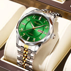 Reloj mecánico automático Dianpai para hombre - Acero inoxidable, esfera verde con marcadores dorados, indicador de fecha, pulsera de cadena de muñeca - Reloj de lujo para fiesta y uso casual, no necesita batería, regalo ideal para él, reloj de pulsera ca