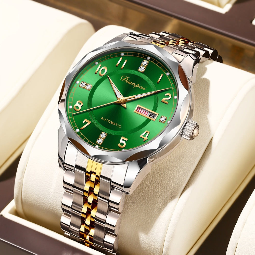 Reloj mecánico automático Dianpai para hombre - Acero inoxidable, esfera verde con marcadores dorados, indicador de fecha, pulsera de cadena de muñeca - Reloj de lujo para fiesta y uso casual, no necesita batería, regalo ideal para él, reloj de pulsera ca