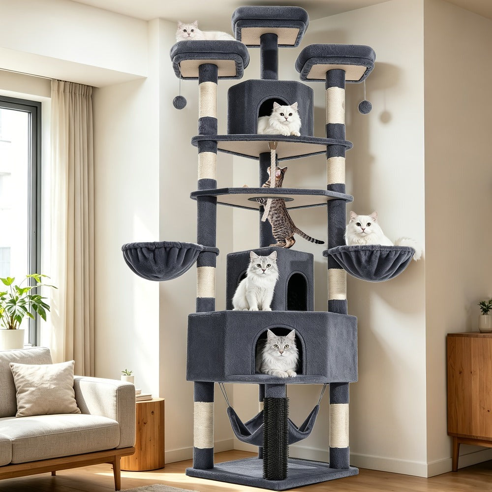Árbol para gatos de 220 cm de varias capas con 3 casitas para gatos, 3 plataformas, 3 hamacas, 8 postes de sisal, 1 bola de pelo y 1 cuerda de sisal
