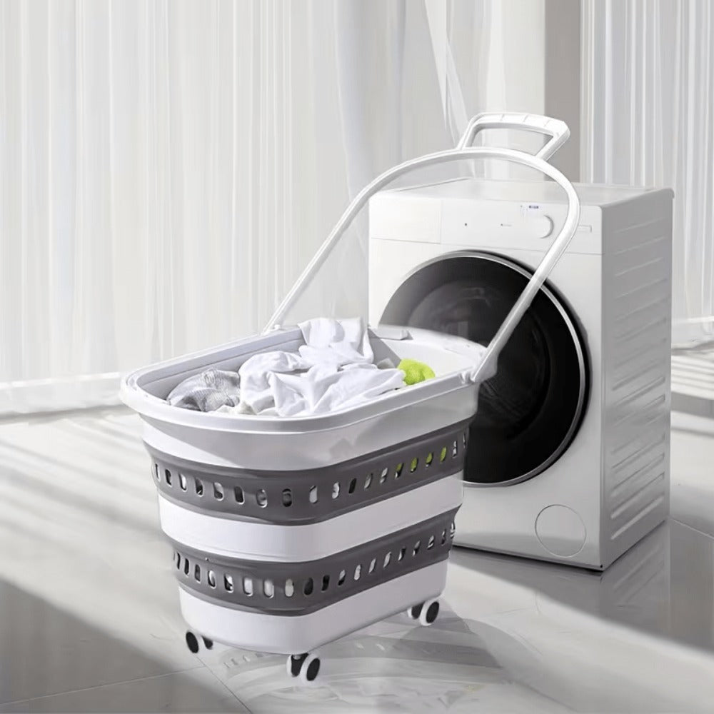 Cesta de Ropa Retráctil y Plegable con Ruedas - 45 Litros - Blanco Gris