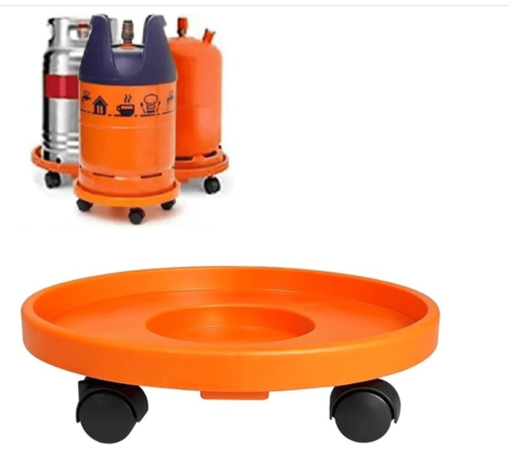 Soporte para bombona butano, Portabombonas, Carro Porta bombona Gas, Portamacetas, Plástico, Incluye 4 Ruedas, 33,5 cm de diámetro y 7,5 cm de Alto, Naranja