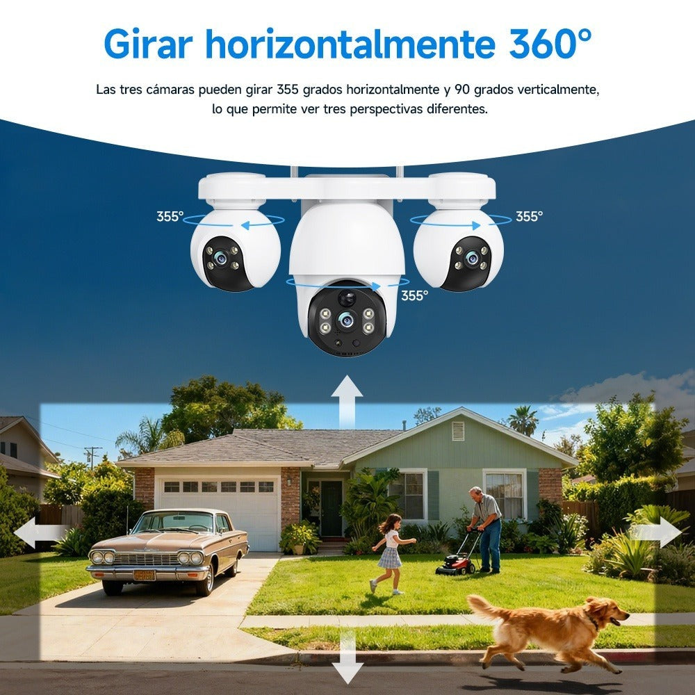 Cámara de seguridad solar solar exterior de 8MP con triple lente y triple vista 4G, videovigilancia, rotación panorámica-inclinable PTZ 360°, seguimiento de movimiento, detección humana PIR, audio bidireccional, visión nocturna a todo color, notificacione