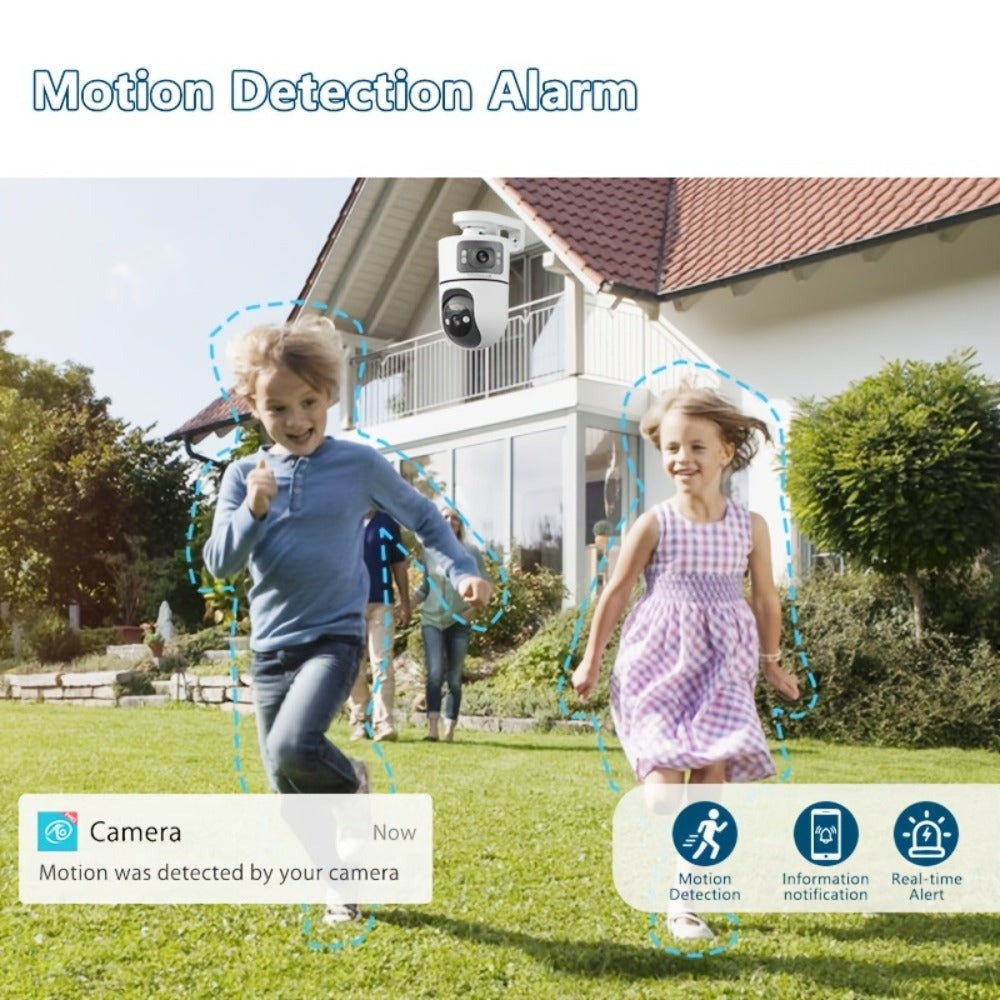 Cámara IP Inalámbrica de Doble Lente, Cámara de Seguridad PTZ para Exteriores con WiFi 2.4G, Pantalla Dual, Seguimiento Automático, Visión Nocturna, Audio Bidireccional, Detección de Movimiento para Seguridad en Hogar, Calle y Monitoreo