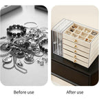 Caja de almacenamiento de joyas de gran capacidad con cajones y puerta lateral transparente, organizador multicapa para aretes, collares, anillos y pulseras, elegante solución de almacenamiento para tocador, joyeros