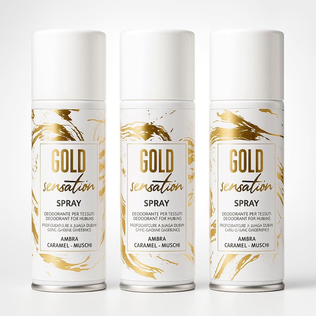HOME PRO – Kit Profesional de Spray Desodorante para Telas, Sensación Dorada – Fragancia de Ámbar, Caramelo y Almizcle – Eliminador de Olores de Larga Duración, Aroma de Lujo – 3x150 ml – Hecho en Italia