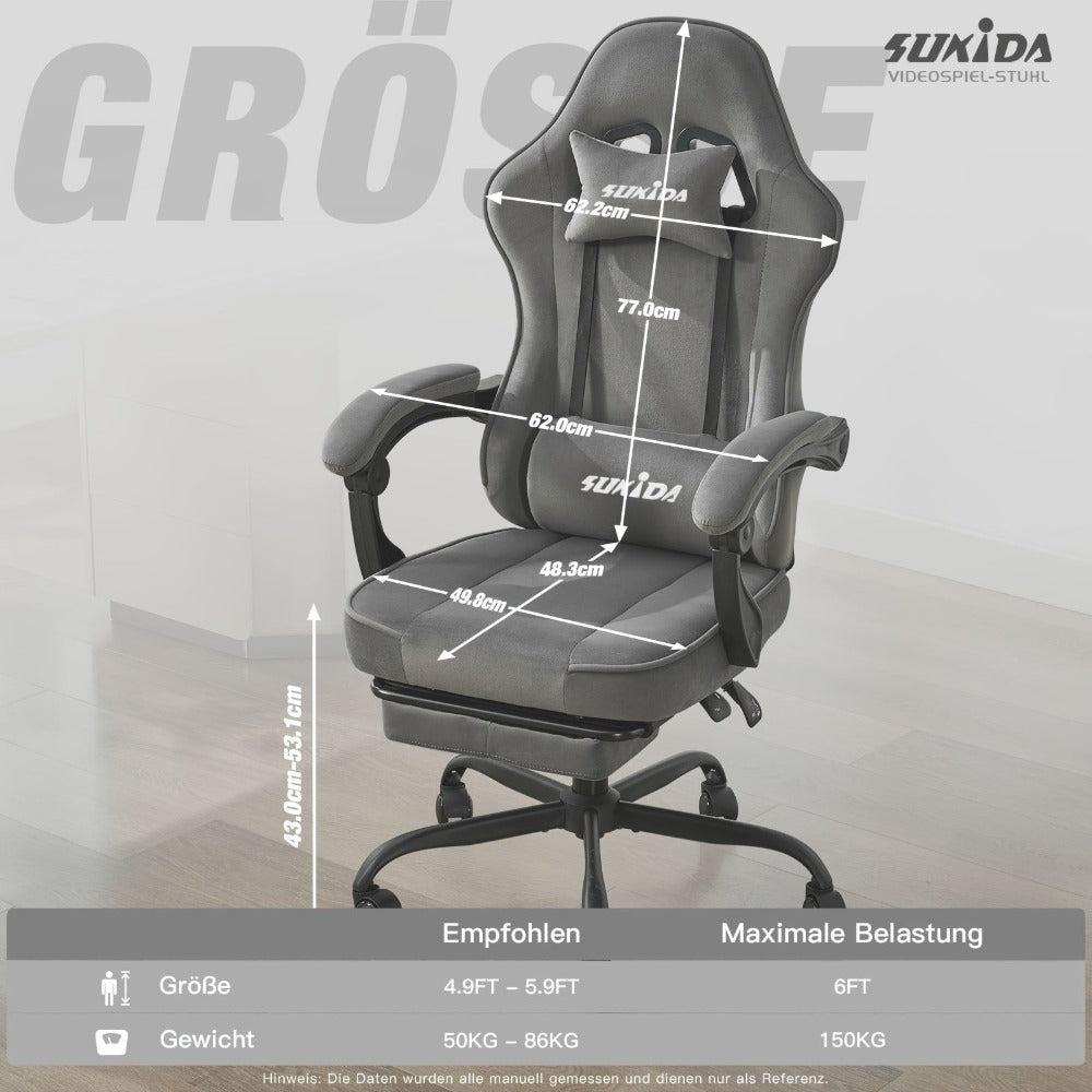 Silla de gaming SUKIDA de tela, silla de gaming ergonómica con reposapiés, silla de carreras para ordenador ajustable con soporte lumbar, silla ergonómica para PC negra