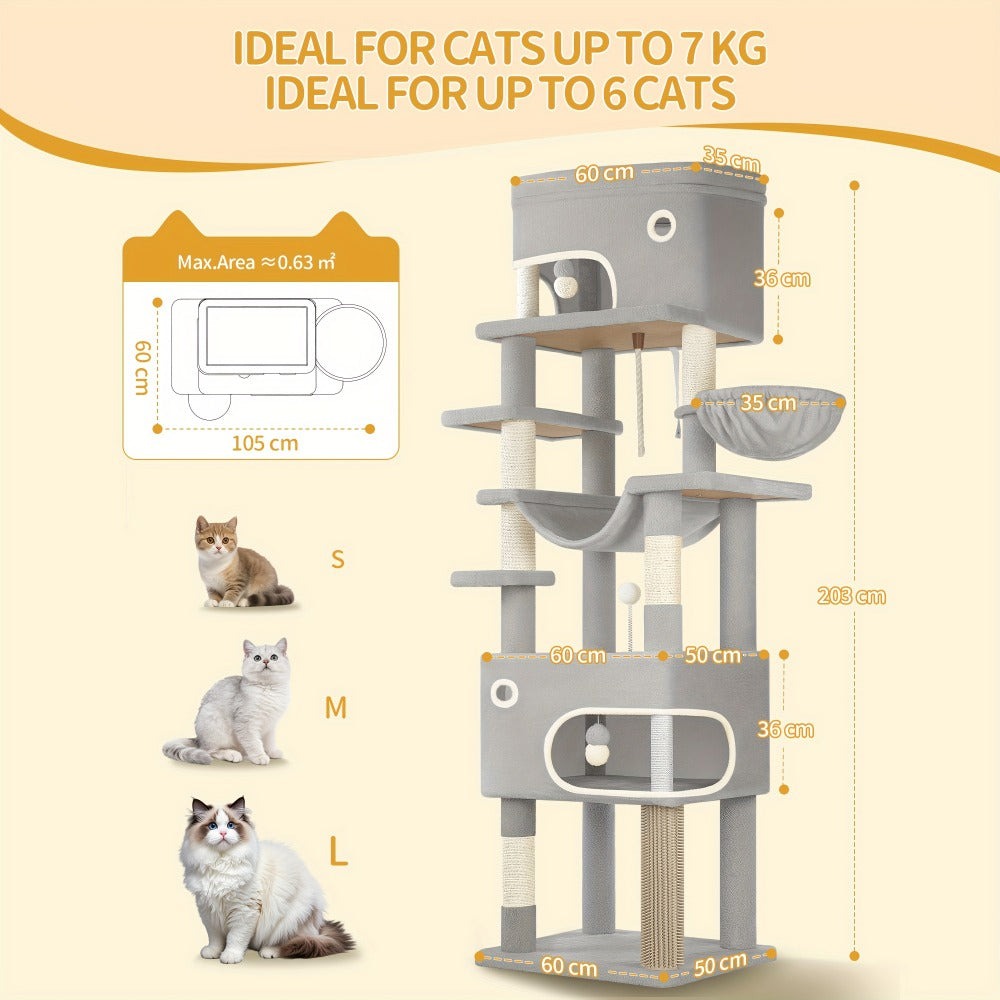 Árbol para Gatos, 203 cm con Plataforma Grande, Cueva Doble, 7 Postes Rascadores Pomponas Reposadería Hamaca Adecuado Para Todo TipodeGato Gris Claro/grisescuro Beige