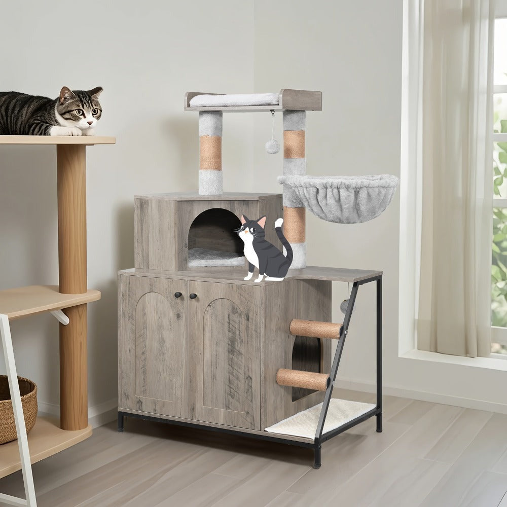 Árbol para Gatos con Armario de Letrero, Armario para Gatos, Casa Moderna 4-en-1 con Plataforma Grande, Casa para Gatos con Alfombra Rascadora de Sisal, Postes y Pompones, Cojines Lavables