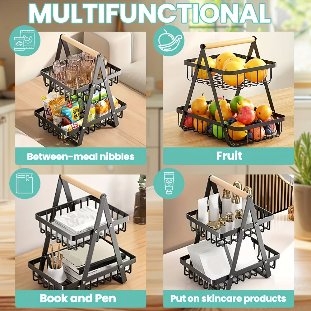 1 Cesta de Almacenamiento de Frutas de Metal de Múltiples Niveles con Asas de Madera - 2 Niveles para Frutas, Verduras y Especias - Soluciones Modernas de Almacenamiento para Cocina, Baño y Hogar, Cesta de Frutas