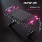Escritorio gaming resistente en forma de Y con luces LED RGB duales, mesa de ordenador con portavasos y gancho para auriculares, superficie ergonómica de fibra de carbono, mesa para gamers para oficina en casa, dormitorio, negro