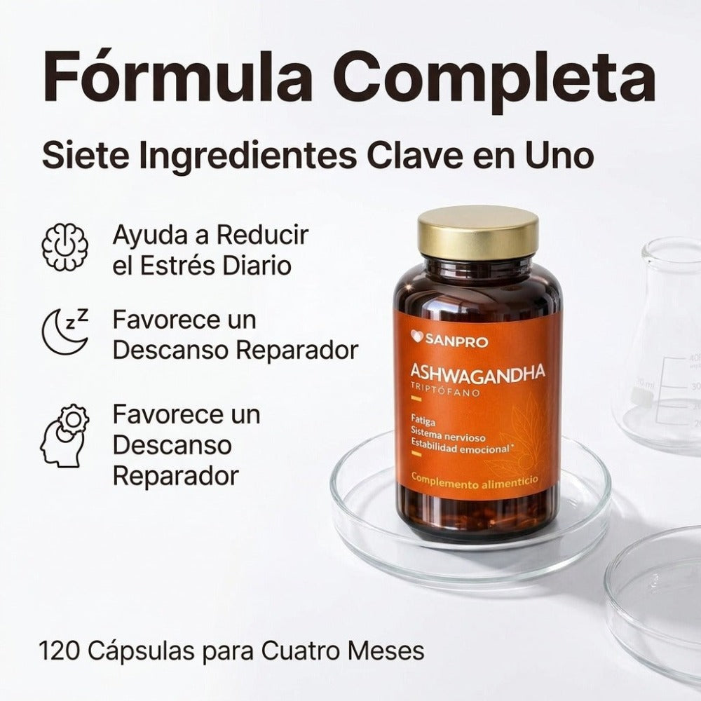 Ashwagandha + Triptófano Complex 7 en 1 | 120 Cápsulas Veganas | Magnesio, Vitaminas B1, B2, B3 y B6 | Fabricado en España y con Calidad Certificada | San Pro