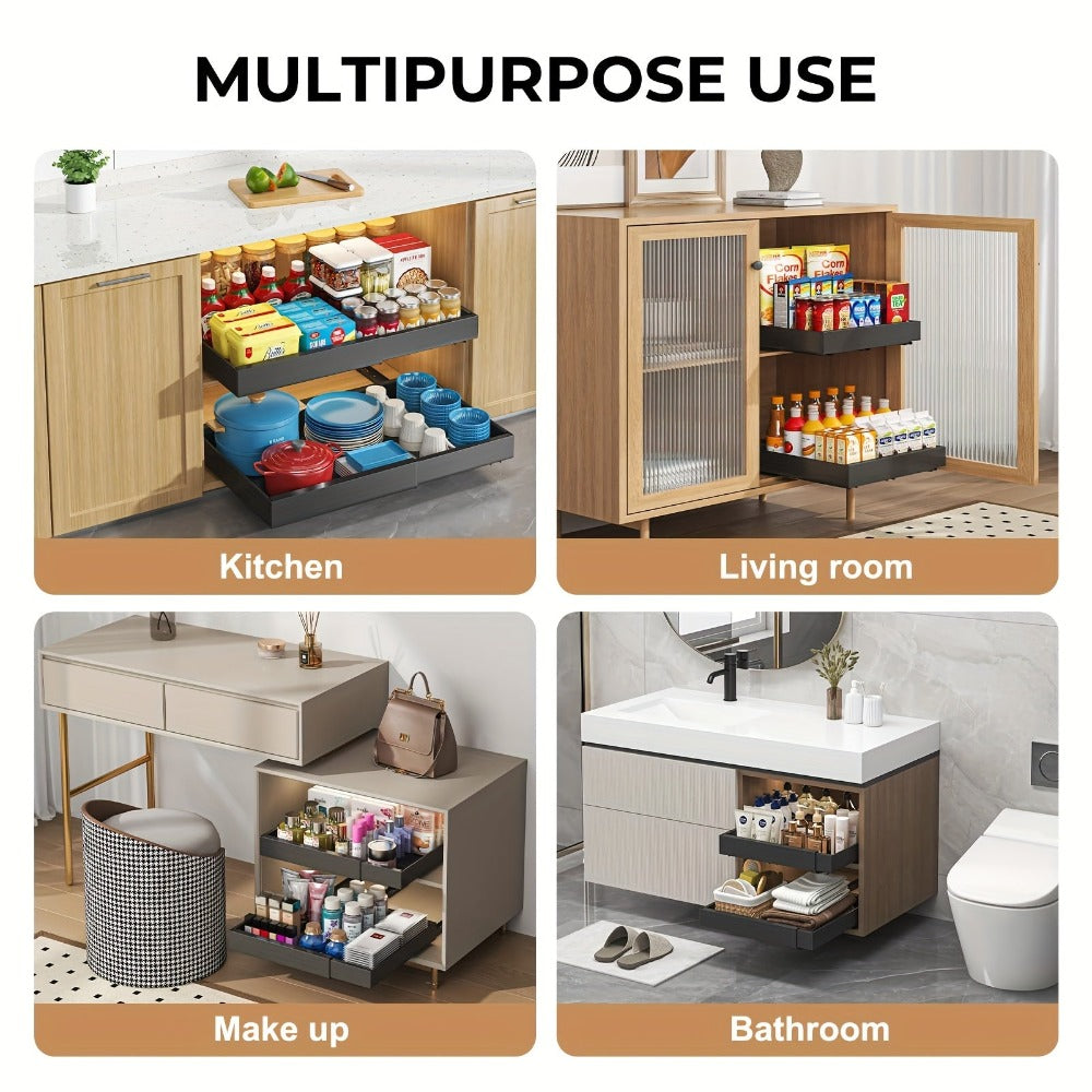 2 Paquetes de Cajones Extensibles para Gabinetes de Cocina, Juego de 2 Estantes Deslizantes de Almacenamiento, Cestas Extraíbles para Fregadero Sin Taladro, Estantes de Gabinete de Fácil Acceso, Adecuados para Baños y Lavanderías, Organizador de Almacenam