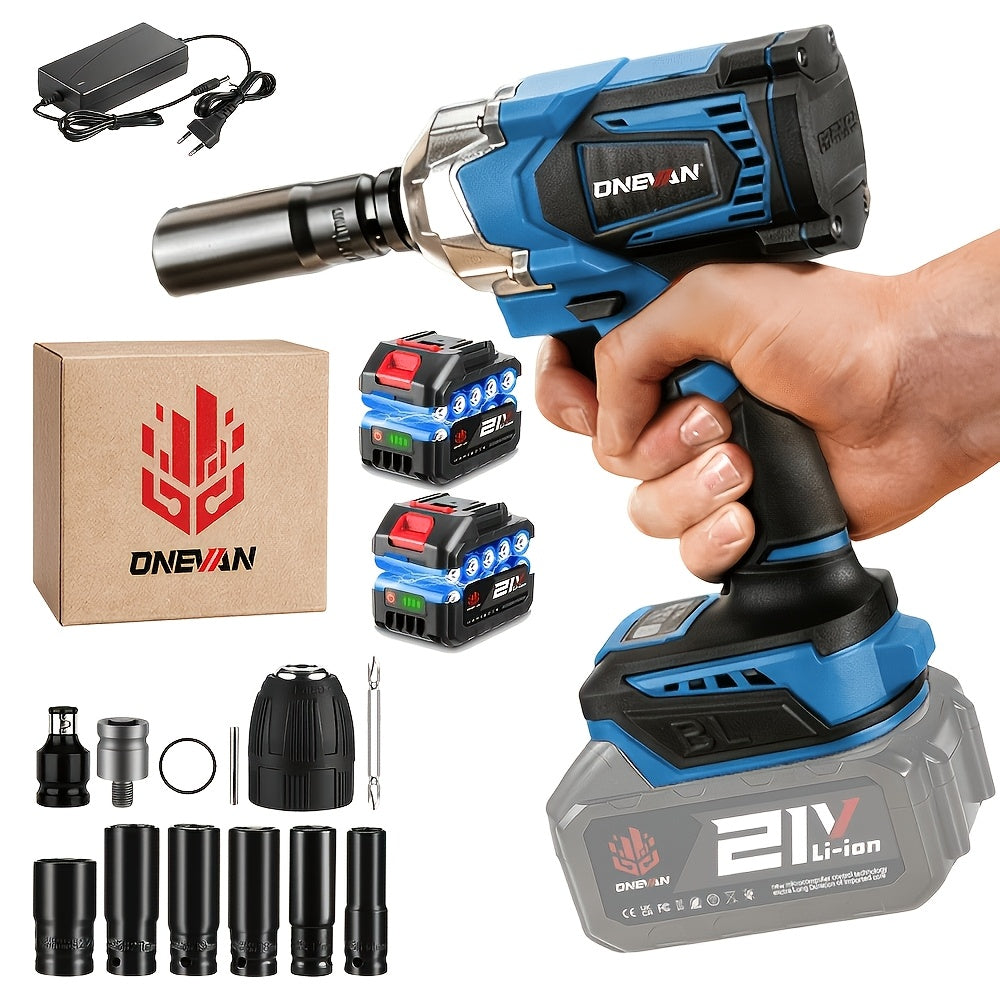 Llave eléctrica sin escobillas de 1000 N.m, juego de taladro eléctrico sin destornillador de 1/2 pulgada, 4 velocidades ajustables, adecuada para reparación de coches, instalación de muebles y andamios, compatible con baterías ONEVAN, una herramienta eléc