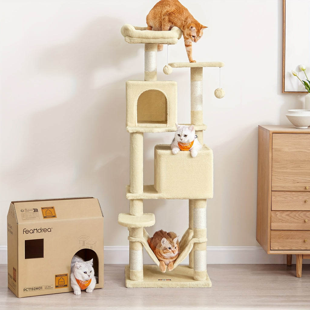Torre rascadora para gatos 155 cm | Juego descanso y cuidado de las uñas