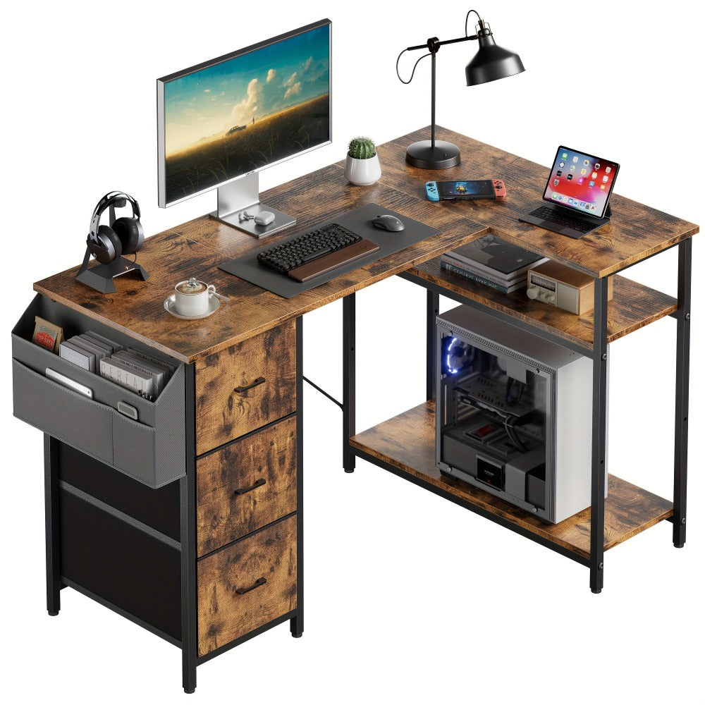 Escritorio Gaming en Forma de L con 3 Cajones de Tela para Almacenamiento, Escritorio de Oficina en Casa Ahorrador de Espacio con Soporte para CPU, Fácil de Montar, Estación de Trabajo y Juegos, Estructura de Madera Resistente, Dormitorio, Adultos