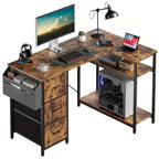 Escritorio Gaming en Forma de L con 3 Cajones de Tela para Almacenamiento, Escritorio de Oficina en Casa Ahorrador de Espacio con Soporte para CPU, Fácil de Montar, Estación de Trabajo y Juegos, Estructura de Madera Resistente, Dormitorio, Adultos