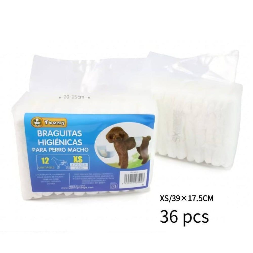 Paquete de 36 pañales desechables para perros machos, ropa interior higiénica para mascotas, suaves, absorbentes, transpirables y cómodos, disponibles en varios tamaños, XS/S/M/L, blancos.