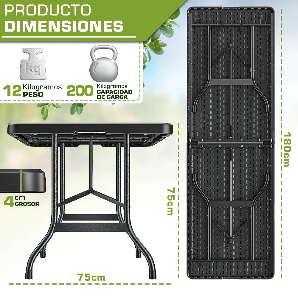 tillvex® Mesa de jardín plegable 180x75cm, resistente a la intemperie | Mesa de camping y buffet de plástico con asa | Para jardín, terraza, camping, balcón, 6 personas, negro