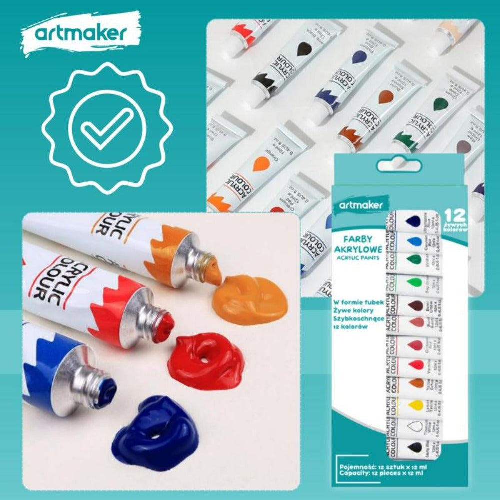 Artmaker XXL Set Completo de Pintura Artística con Caballete de Madera de 50 cm, 6 Lienzos de 24x30 cm, Set de Pintura Acrílica de 12 Colores, 10 Pinceles y Paleta de Pintura – El Regalo Perfecto para Artistas Principiantes, Niños y Adultos para Crear Obr