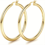 Pendientes de aro plateados de oro de 14K para mujer con poste de plata 925, aros huecos de 4 mm de grosor, aros dorados, aros grandes dorados hipoalergénicos y ligeros de 25/30/40/50/60/70 mm