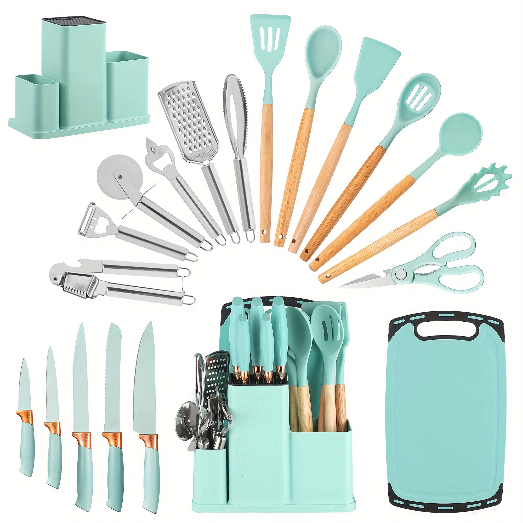 Colección de 20 piezas de cuchillos profesionales con soporte. Cuchillo de chef, cuchillo de carnicero, cuchillo para pan, cuchillo para rebanar, cuchillo deshuesador y utensilios de cocina completos. Construcción de espiga completa con mangos antidesliza