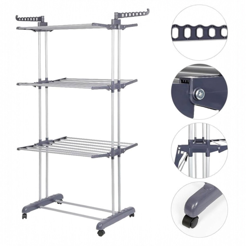 Tendedero de ropa, 4 Niveles Tendederos Plegables Vertical con Ruedas Amplio Espacio de Secado Tendederos, Acero Inoxidable Tendal para Exterior y Interiores