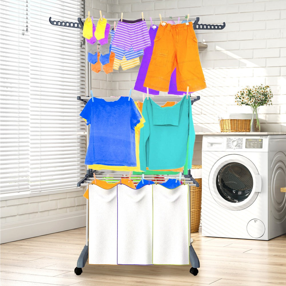Tendedero Ropa Plegable Vertical XXL Nyana Home Ruedas Pivotantes 360º Multifuncional 4 Niveles y Alas Plegables Hasta 20 Metros de Secado Secadora de Ropa Tendedero de Ropa Tendal Exteriores Interiores Alas Laterales Plegables