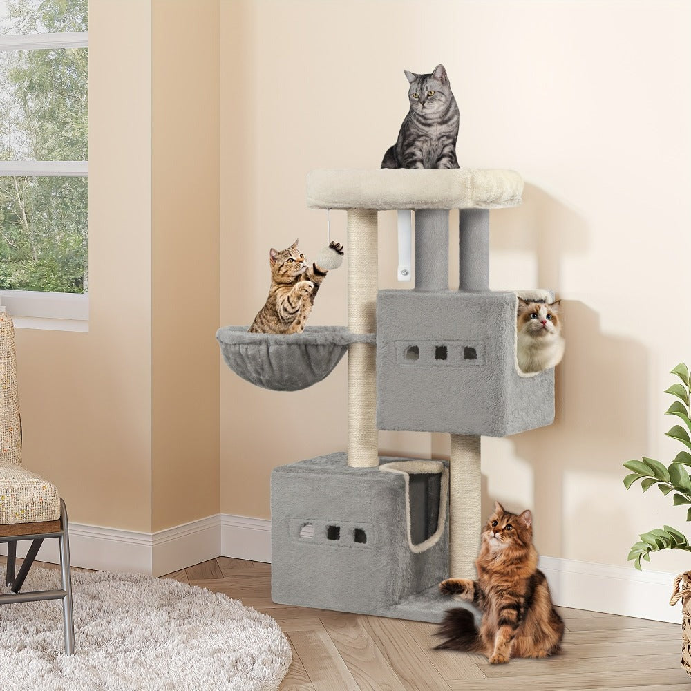 Árbol para Gatos de 98 cm, Árbol Pequeño con Perchas, Múltiples Niveles, Casa para Gatos con 2 Cuevas, Poste Rascador de Sisal y Hamaca