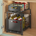 Organizador de 2 Niveles Extraíble para Debajo del Fregadero - Estante Deslizante de Acero al Carbono de Altura Ajustable, Estantería de Armario de Acero Pulido de Fácil Instalación para Cocina Baño Despensa Armario, Utensilios Modernos, Acabado Metálico,
