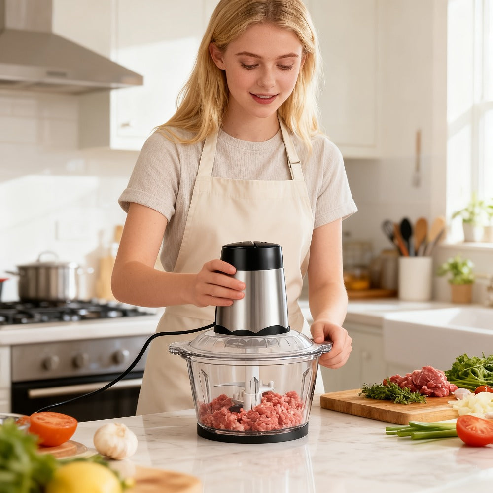 Picadora de carne eléctrica de 1600 vatios con cortador de alimentos multifunción, incluye un contenedor de vidrio de 2 litros y 4 cuchillas de acero inoxidable, 2 velocidades para carne, frutas, verduras, nueces, zanahorias y uso general en la cocina