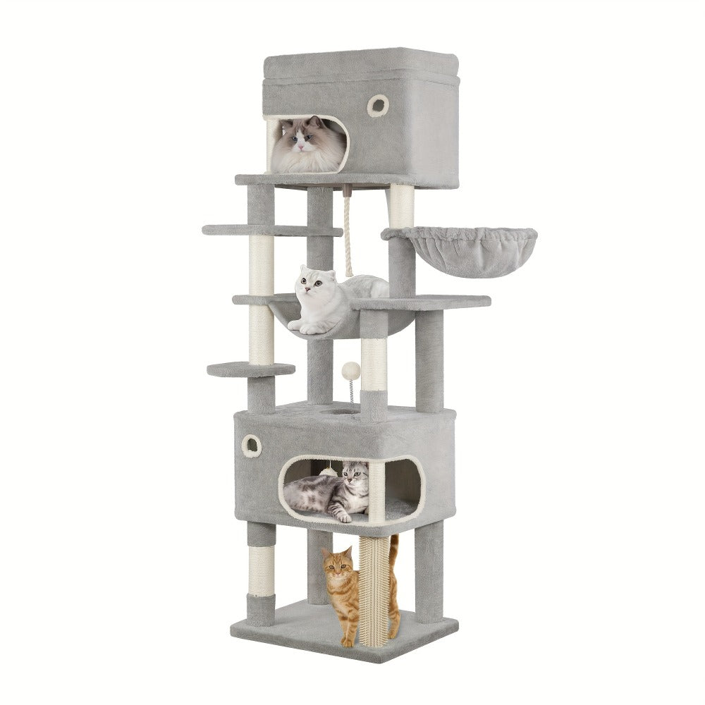 Rascador para Gatos, Árbol de 178 cm con Plataforma Grande, 2 Cuevas, 7 Postes Rascaresos, Pompones, Reposaderos y Hamaca, Adecuado para Todas las Razas de Gato, Gris Claro