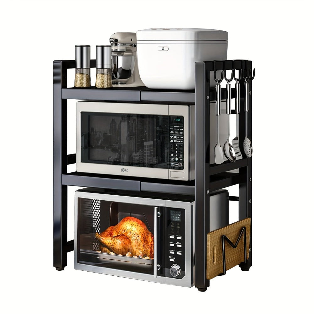 Estante para Microondas de 3 Niveles Extensible con 6 Ganchos, Estante de Cocina, Organizador de Especias, Organizador de Gabinete para Cocinas, , Extensible de 40 a 64 cm