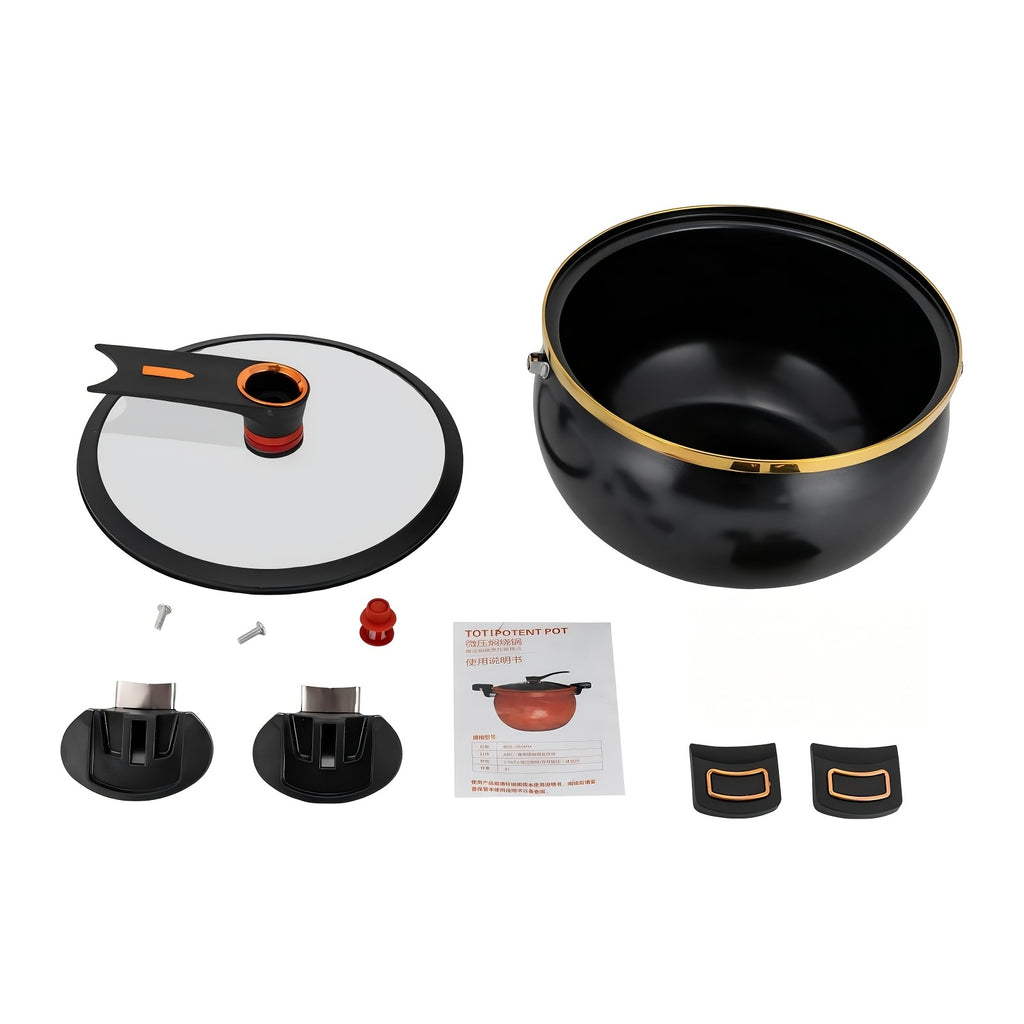 Olla de 7 litros multiusos con doble asa y tres opciones de color, con una generosa capacidad de 25.4cm, hierro grueso, tapa de vidrio y borde dorado. Perfecta para sopas, estofados y más, ideal para regalos de Halloween y Navidad en una bodega local.