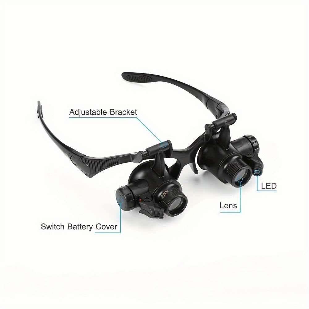 Lupa de cabeza + Mini lupa plegable (2 piezas) con luz LED, lentes reemplazables 10X 15X 20X 25X, distancia de trabajo 1 cm/0.3 in-5 cm/1.9 in, apta solo para trabajos finos de corta distancia, reparación de relojes, tallado a mano, tasación de joyas y mo