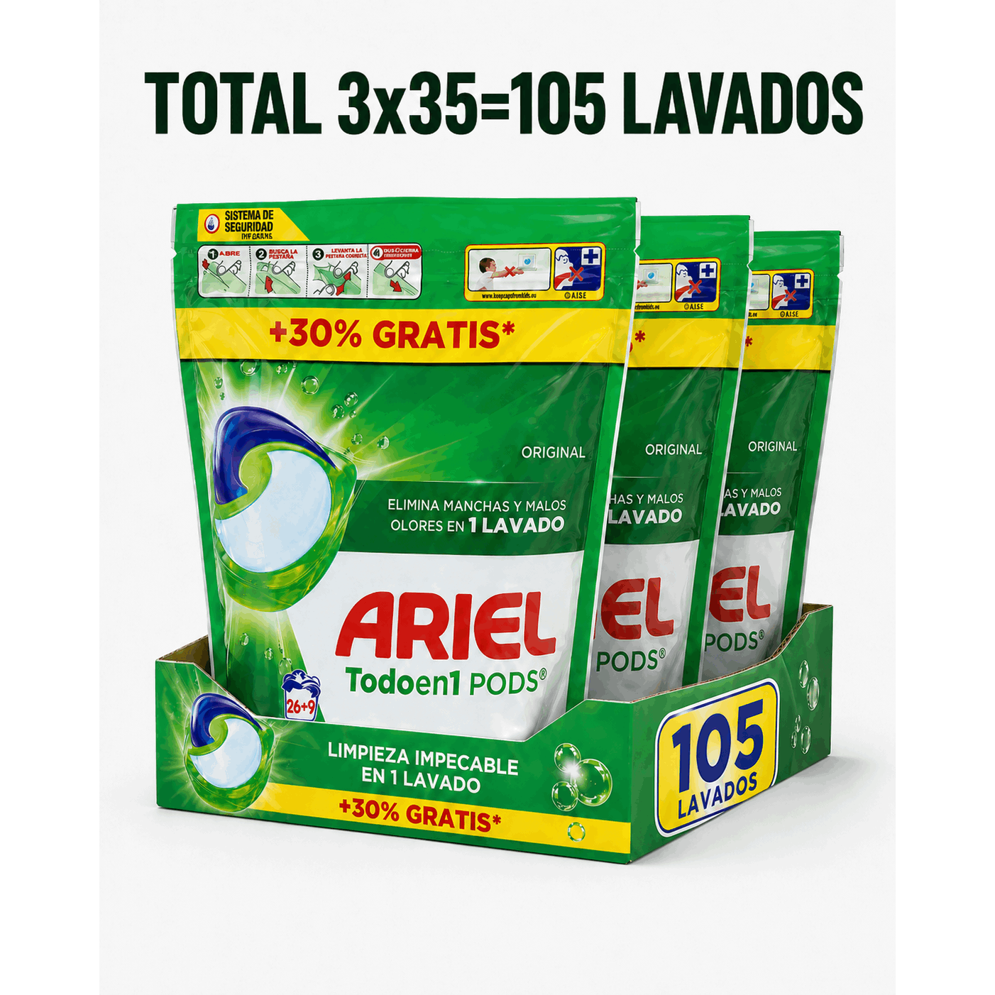 PACK 60CAPSULAS O PACK 105 CAPSULAS DETERGENTE LAVADORA ARIEL (3X35)