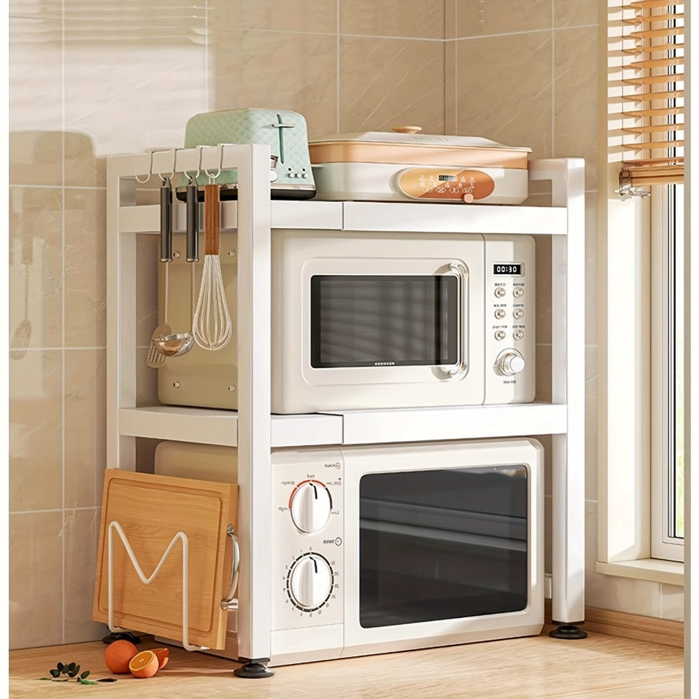 Estante de microondas resistente de 3 niveles ajustable, estante de almacenamiento horizontal para cocina, estante para guardar cubiertos, material de acero al carbono negro mate, equipado con 6 ganchos, artefacto de almacenamiento multifuncional de doble