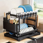 Juego de escurridor de platos de 2 niveles con bandeja de goteo - Espera de metal grande para platos con desagüe, soporte para vasos, soporte para cubiertos y sistema de desagüe adicional - Accesorios de cocina para secado y organización eficiente de plat