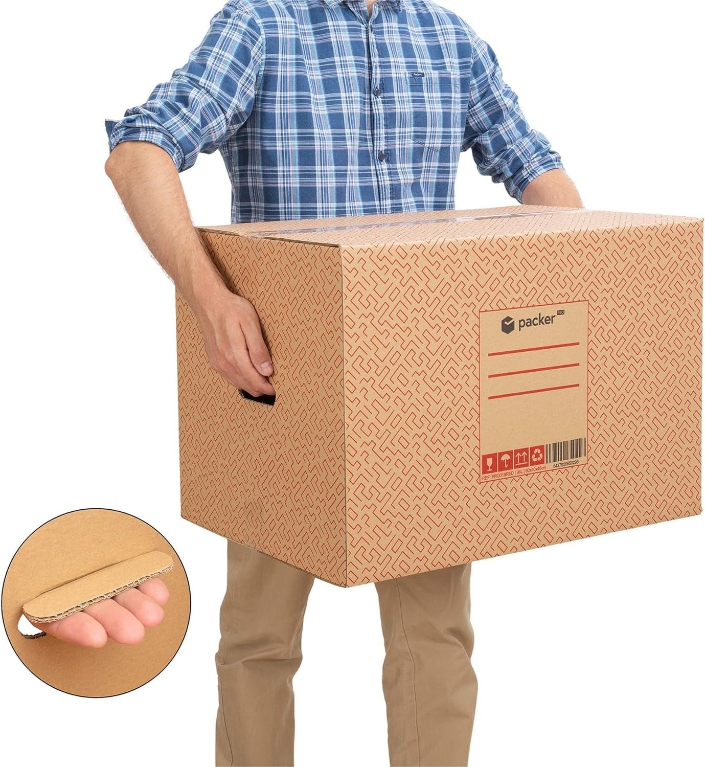 Caja Cartón para Mudanzas y Almacenaje Ultra Resistentes con Asas, Fabricadas en Cartón Duro, Ideal para Mudanzas o Almacenaje de Libros y Ropa, Transporte Cómodo y Seguro gracias a las Asas Laterales - packer PRO